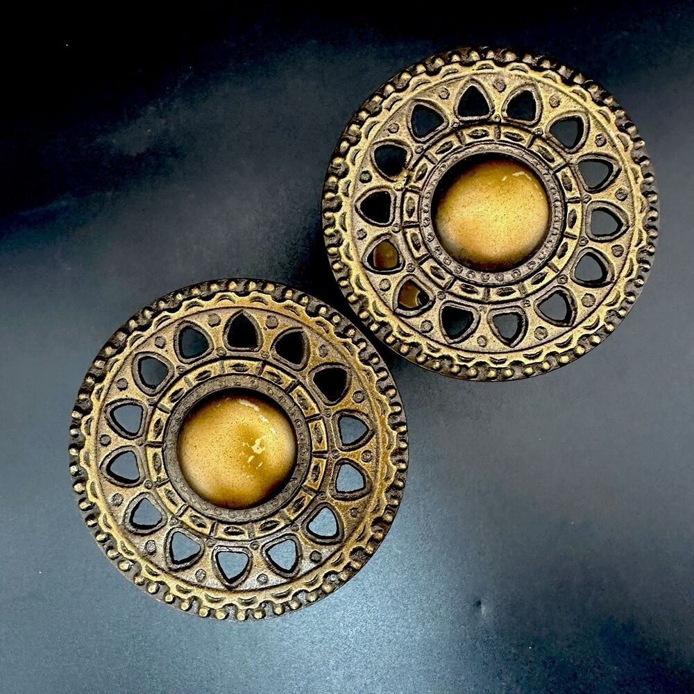Vintage JCPenney Curtain Tie Backs Holdbacks Pair Brass Tone Ornate Medallions